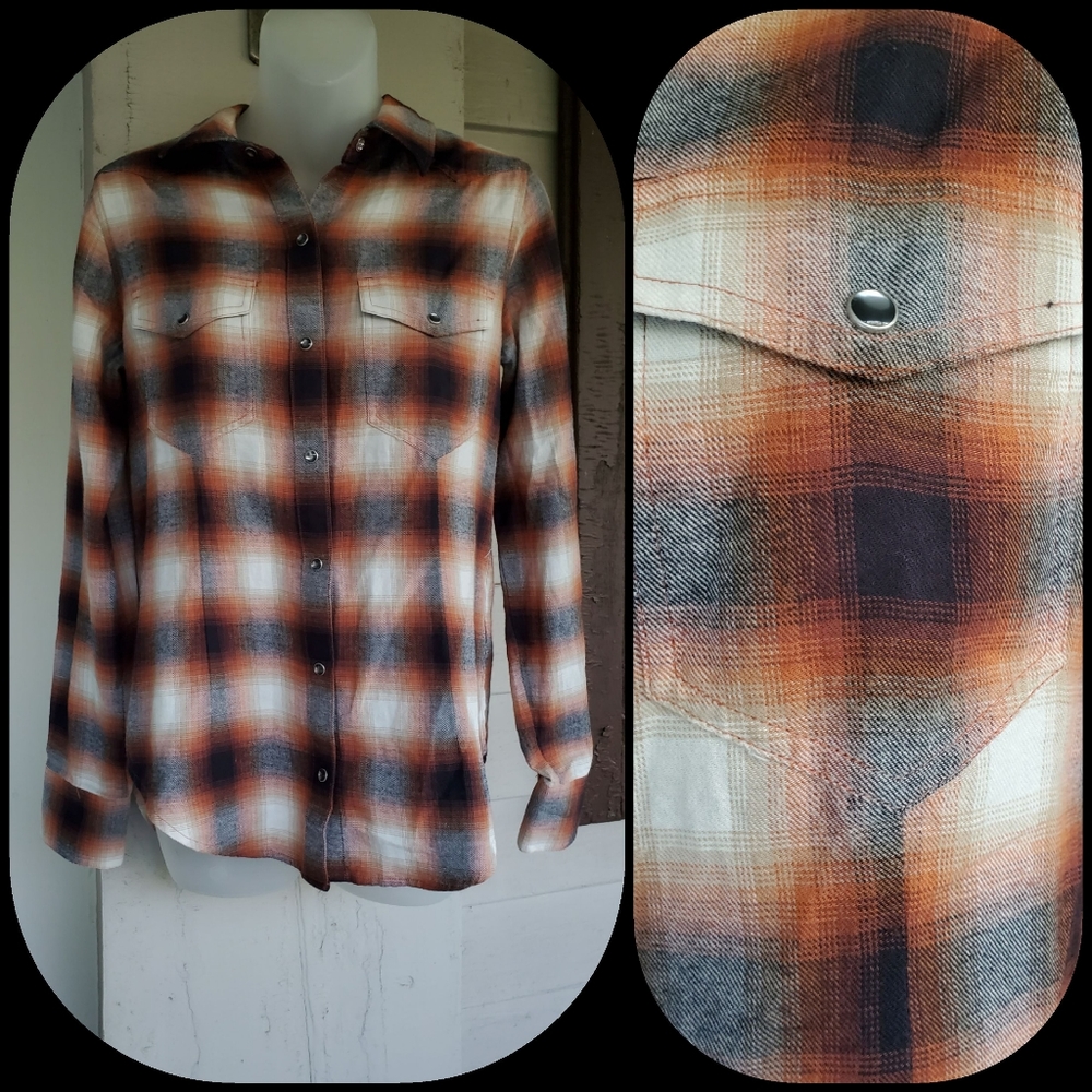 Club Monaco Plaid Flannel Western style shirt button up top